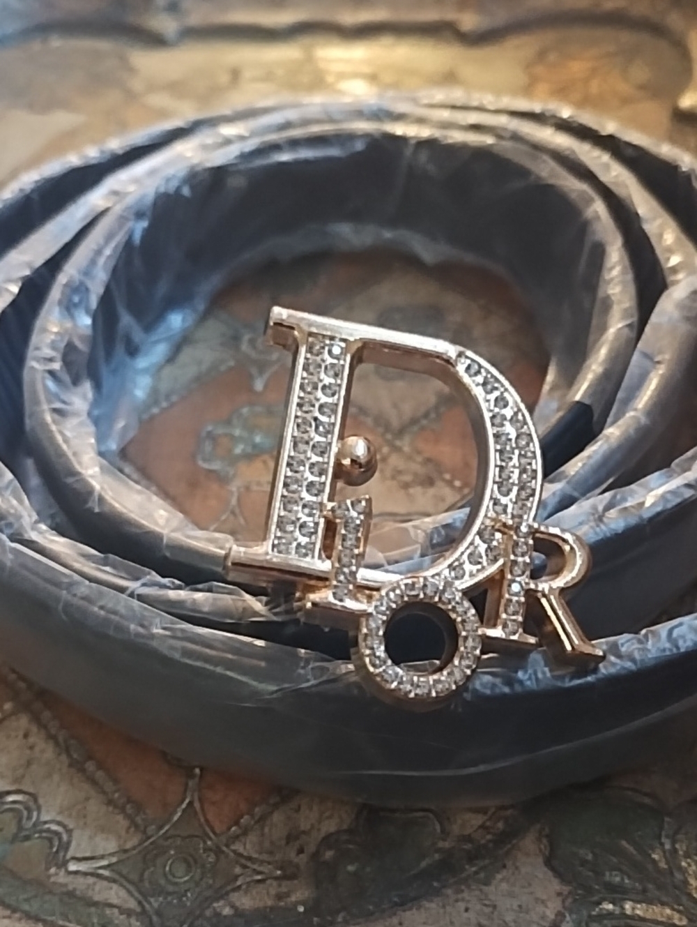Black Faux Leather Belt with Rhinestone Sparkling Logo Buckle